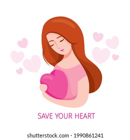 Woman Embracing Heart Shape And Taking Care Of Heart Shape With Tenderness
