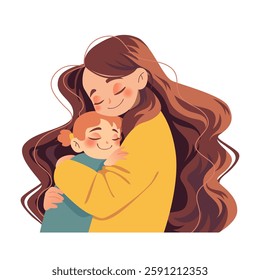 Woman embracing her child. Beautiful Mother and daughter. Colorful illustration isolated. Warm and emotional composition, perfect for greeting cards, posters, and digital designs