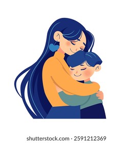 Woman embracing her child. Beautiful Mother and son. Colorful illustration isolated. Warm and emotional composition, perfect for greeting cards, posters, and digital designs