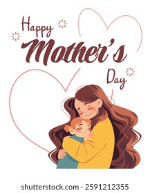 Woman embracing her child. Mother and daughter. Happy Mother's Day card with text and hearts. Illustration isolated