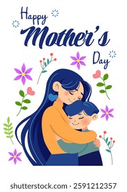 Woman embracing her child. Mother and son. Happy Mother's Day card with text and flowers. Illustration isolated. Warm and emotional composition