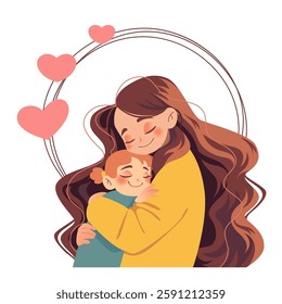 Woman embracing her child. Mother and daughter. Concept of Happy Mother's Day card with hearts. Illustration isolated