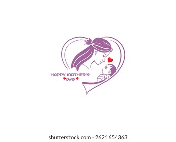 Woman embracing her child. Mother and son mother's day celebration, line art logo design.