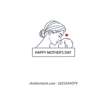 Woman embracing her child. Mother and son mother's day celebration, line art logo design.