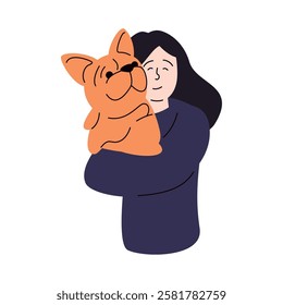 Woman embracing her large dog with affection isolated vector illustration