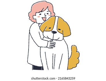 A woman embracing her pet St. Bernard, a comical handwritten person vector, a warm line drawing