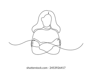 Woman embracing herself. Selfcare, psychological concept. Continuous line drawing.