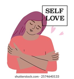 Woman embracing self love concept with a calming illustration for personal well-being.