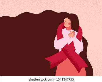 Woman Embracing Themselves With Red Ribbon For Support Of AIDS And HIV Patients. Girl With Pink Ribbon Of International Breast Cancer Day Worldwide. Vector Illustration