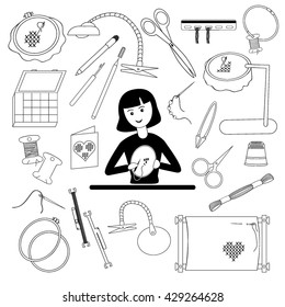 Woman embroiders and a set of embroidery accessories. Black-and-white design. Vector illustration.