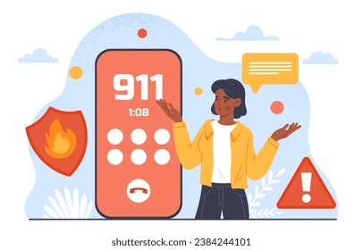 Woman with emergency call. Young girl near smartphone with 911 number. Acciden and disaster. Call police, fire department or ambulance. Protection and safety. Cartoon flat vector illustration