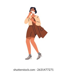 Woman in emergency, holding tissue, covering, mouth and nose with protection cloth. Leaving, protecting face from smoke in urgency, evacuation. Flat vector illustration isolated on white background