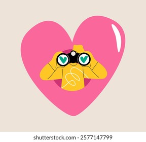 Woman emerges from the shape of a heart. Concept of looking for love. Colorful vector illustration
