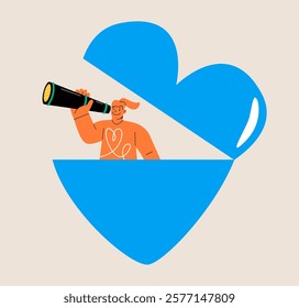 Woman emerges from the shape of a heart looking for love through binoculars. Colorful vector illustration 
