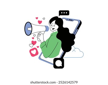 A woman emerges from a smartphone, holding a megaphone and surrounded by hearts. The image represents social media marketing and the power of reaching a large audience.