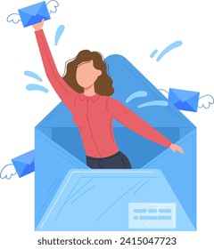 Woman emerging from a large envelope with excitement. Successful delivery concept or email notification idea vector illustration.