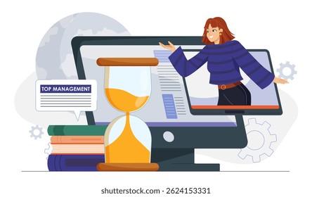 Mulher emergindo da tela do monitor, ampulheta, livros, e bolha de fala Top Management em fundo abstrato, conceito de educação de gestão. Ilustração vetorial