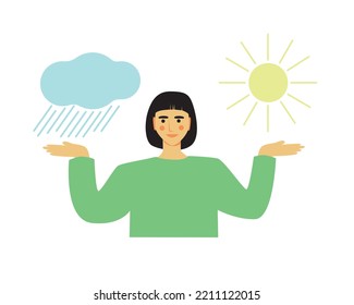 Woman emotion balance, sadness and joy expression concept, flat vector stock illustration isolated