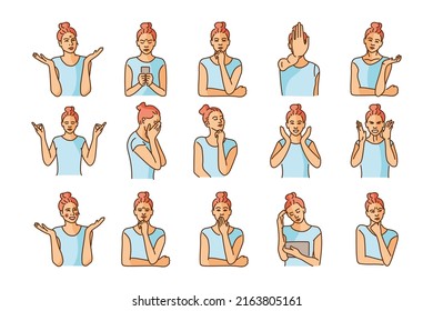 Woman emotion color line illustration. Behavior of people