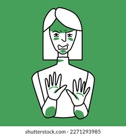 Woman with emotion of disgust, green and white. Disgusted half body female character with square hairstyle, negative revulsion mood, no with her hands. Line with spots drawing.