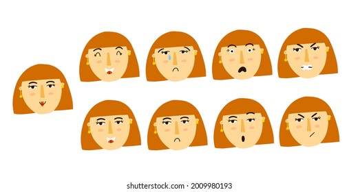Woman emotion. Female character portrait with different expression, cute red head girl mood, face avatar, happy and sad, surprised and angry feeling collection vector cartoon isolated set