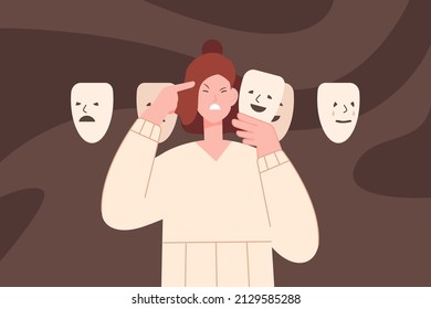 Woman emotion mask. Face behind masks personality psychology, fake person disguise borderline disorder adult girl and sad emotion, reaction control, vector illustration. Woman with face mask emotion