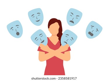 Woman with emotion masks. Faceless female hiding real feelings. Mental health and psychological problems.