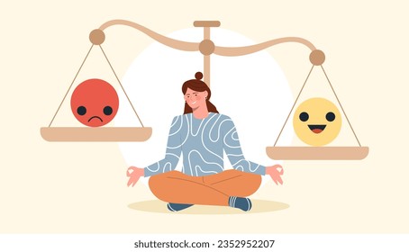 La mujer con el concepto de escalas emocionales. Niña joven con sentimientos negativos y positivos. Conciencia, psicología y salud mental. Comparación de maldad y sonrisa en los pesos. Dibujo vectorial plano de dibujos animados