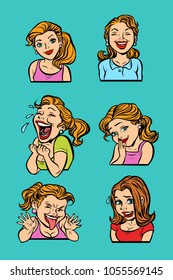 woman emotion set collection. Comic cartoons pop art retro vector illustration kitsch drawing