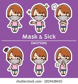 Woman emotion set . Mask and Sick illustrations.