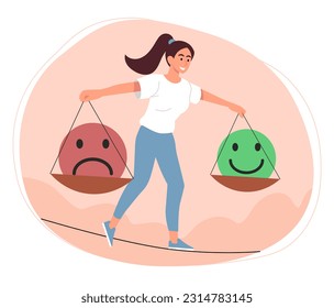 Woman with emotional balance concept. Young girl with sad and cheerful smiley on scales. Psychology mental health, awareness. Feelings and emotions, mood. Cartoon flat vector illustration