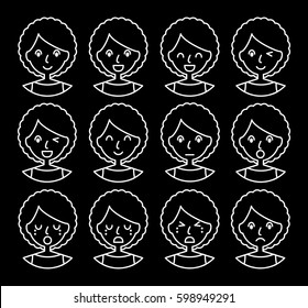 Woman emotions. Beautiful girl line art. Facial expression icons set. Isolated on whote background. Set of woman avatars. Vector illustration.