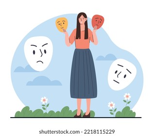 Woman with emotions. Mental health and psychology, awareness. Young girl chooses one of two masks. Mood, feelings and facial expressions. Fake and pretender. Cartoon flat vector illustration