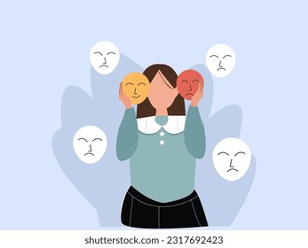 Woman with emotions. Mental health and psychology, awareness. Young girl chooses one of two masks. Mood, feelings and facial expressions. Fake and pretender. vector illustration.
