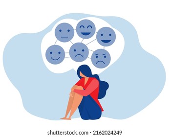 woman with emotions and moods suffer from psychological problem,Manic depression, mental disorder, bipolar depression concept Flat vector