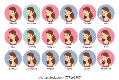 Woman emotions set. Fun and sad, angry and joy.