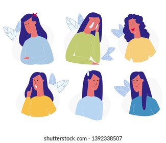 Woman Emotions Set Isolated on White Background. Female Character Emoji, Face Expressions, Girl Express Feelings of Happiness, Sadness, Frustration, Anger. Gladness Cartoon Flat Vector Illustration