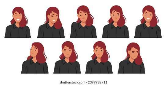 Emociones De Mujeres. La Alegría Radia Desde Una Sonrisa Amplia, Los Ojos Esparcen Con Felicidad. Frustración Evidente En Brotes Amuebladas. Serenidad Representada A Través De Los Ojos Cerrados Y La Demanda De Calma. Ilustración vectorial