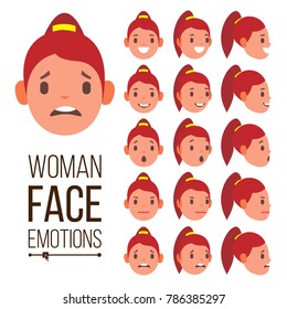 Woman Emotions Vector. Handsome Face Female. Cute, Joy, Laughter, Sorrow. Girl Avatar Psychological Portraits. Isolated Flat Cartoon Illustration