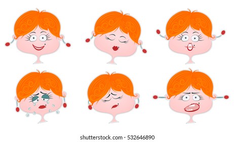Woman emotions.Sticker face. Girl avatar. Vector illustration of a flat design. 