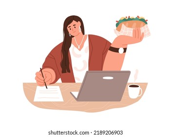 Trabajadora comiendo sándwich en el trabajo. Trabajador de oficina comiendo, picoteando mientras trabaja en el escritorio con portátil. Gestor hambriento y comida rápida. Ilustración vectorial gráfica plana aislada en fondo blanco