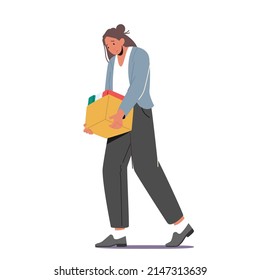 Woman Employee Fired From Job. Sad Girl with Box Walking Isolated on White Background. Manager or Clerk Firing, Dismissal from Office, Unemployment Problem Concept. Cartoon Vector Illustration