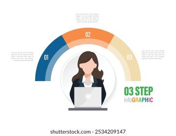 mulher funcionário meio círculo gráfico de pizza para infográficos. Elementos com 3, 4, 5, 6, 7, 8, 9, 10 etapas, opções.