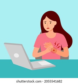 Woman employee having hand or wrist pain from typing keyboard on laptop computer in flat design. Arm pain.