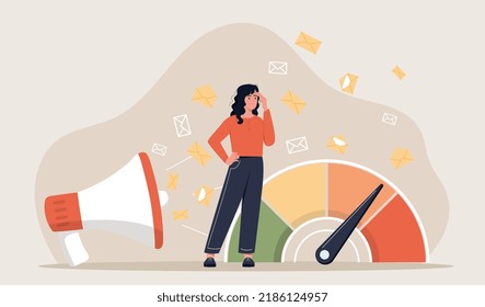 Woman employee with high stress. Young girl overloaded with messages, tired manager. Emotional burnout and low battery. Poor stress resistance, pressure and panic. Cartoon flat vector illustration