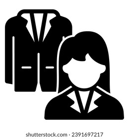 Woman employee and jacket, suit solid icon, clothing concept, clothes vector sign on white background, glyph style icon for mobile concept and web design. Vector graphics