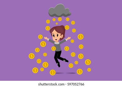 Woman employee motivated by cloud with rain of money in their income