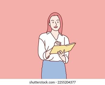 Woman employee office taking notes in copybook standing simple korean style illustration