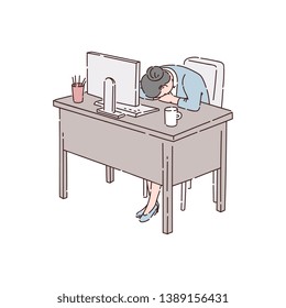 Woman employee, an office worker or a businesswoman asleep on the job because of insomnia. A woman sleeps at the office table during working hours, vector flat illustration of insomnia.