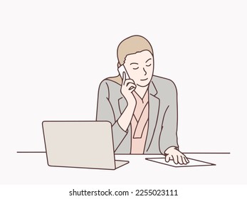 Woman employee is on the phone at her desk with a laptop simple korean style illustration